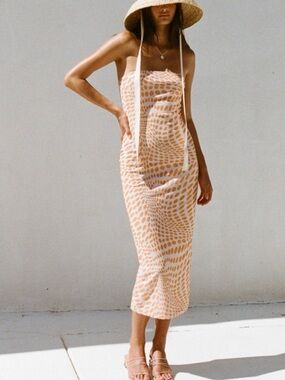 Sabo Skirt Strapless Cream & Orange Swirl Midi Dress